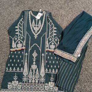 Elegant Embroidered Green Suit Set